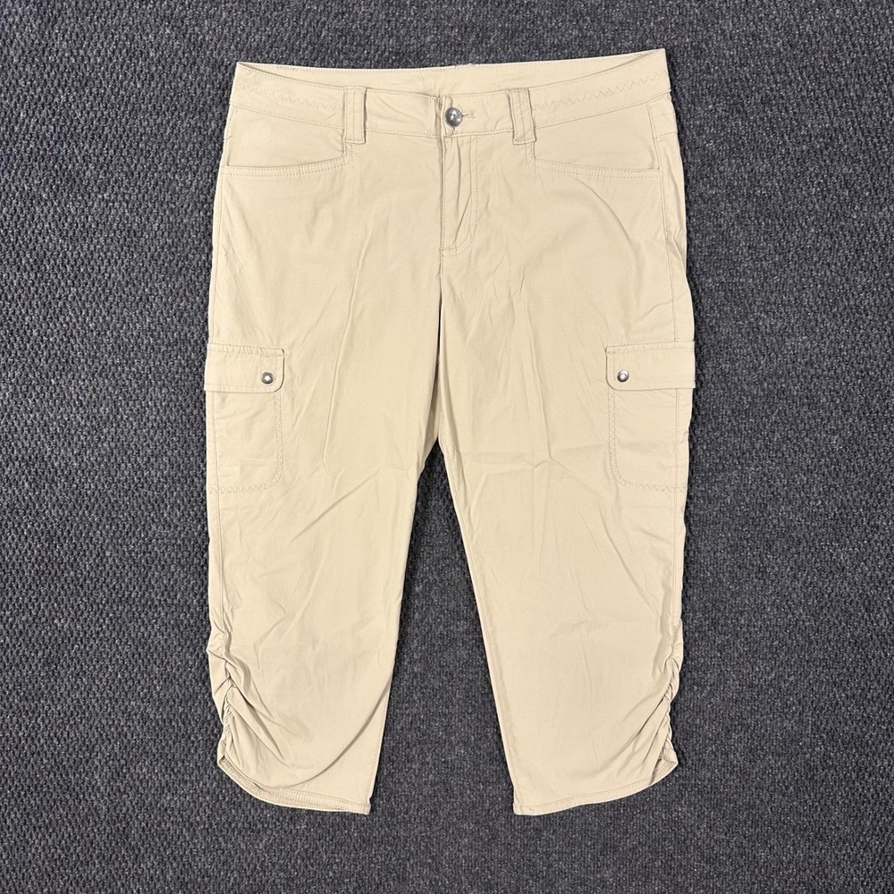 Eddie Bauer Travex Cargo Capri Pants Womens 8 (32x21) Tan Ruched Outdoor Hiking